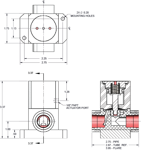 iPolymer PTFE Inline Diaphragm Valves Dimensions