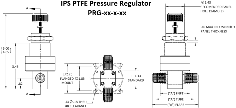 iPolymer PTFE 圧力レギュレータ寸法